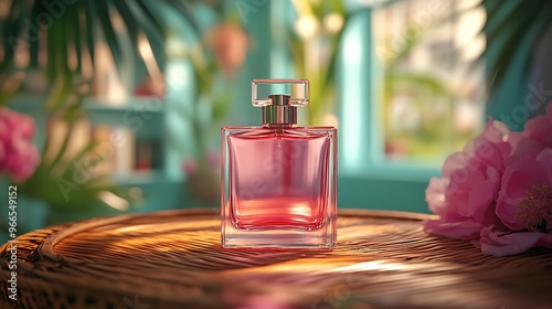 A bottle of pink perfume stands on a wicker table surrounded by tropical plants and pink flowers in a warm and inviting setting. photo