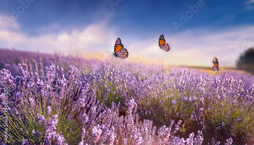 purple lavender fields in summer beautiful nature landscape with flowers in outdoor meadow colorful butterfly and wildflower