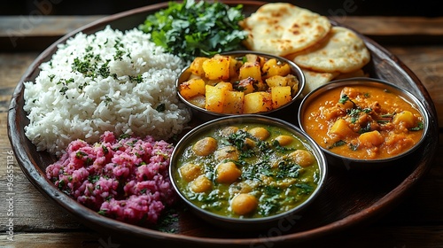 Indian thali a variety of dishes including dal sabzi roti rice and sweet gulab jamun beautifully presented