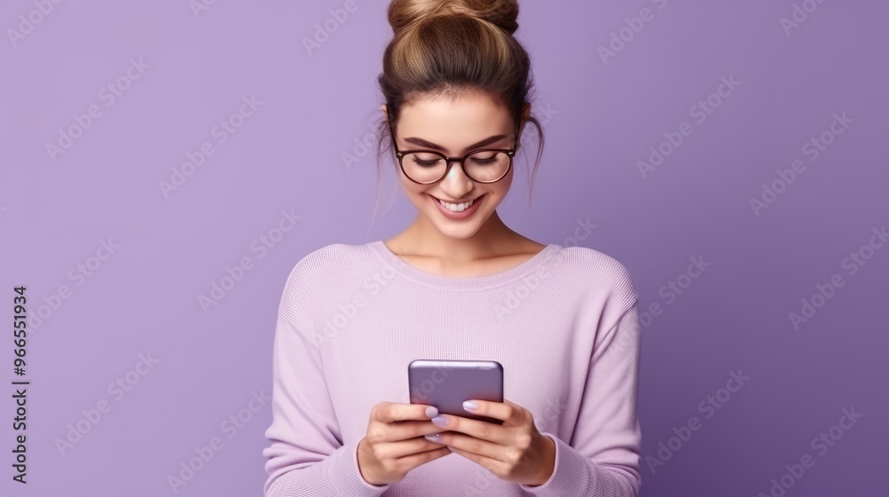 A young woman with a bun smiles while looking at her phone. She is wearing a light purple sweater and glasses. The background is a solid purple. A young woman with a bun smiles while looking at her phone. She is wearing a light purple sweater and glasses. The background is a solid purple.