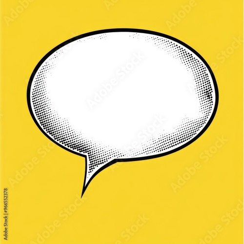 Wide white speech bubble with black outline surrounded by small dots and lines positioned against a solid yellow background Pop art comic design style bold and clear retro feel