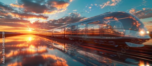 Dramatic sunset reflection of a high speed train speeding through a tranquil lakeside landscape creating a captivating and atmospheric travel journey