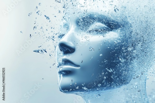 Ethereal humanoid robot face in water droplets, symbolizing ai integration with futuristic touch