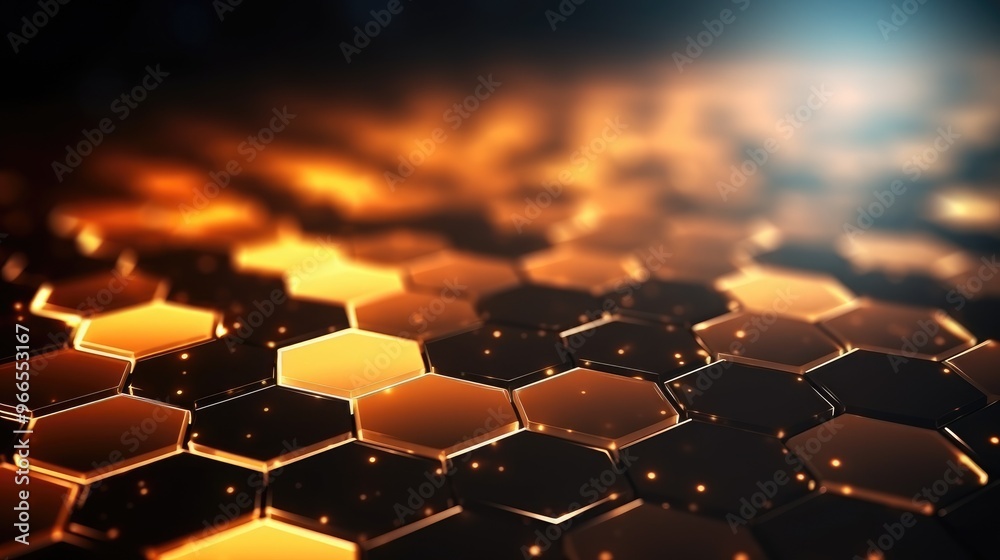 Fototapeta premium Abstract hexagonal pattern with glowing lights, creating a futuristic and technological feel.