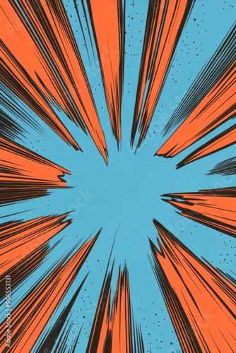 Red and orange explosion shape with jagged edges surrounded by radiating lines and small dots set on a bright blue background Pop art comic style dynamic and energetic high contrast vibrant and eyecat photo