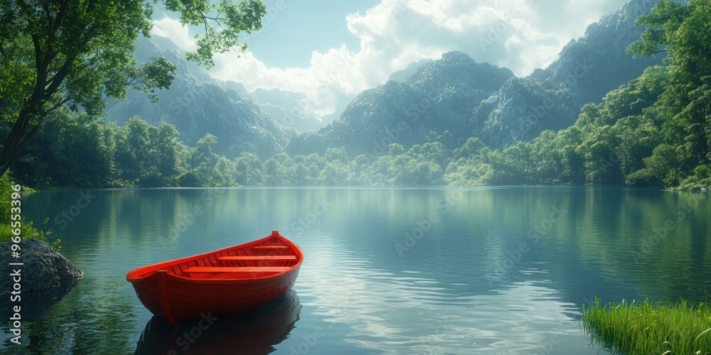 Red Rowboat Docked on Tranquil Mountain Lake Red Rowboat Docked on Tranquil Mountain Lake