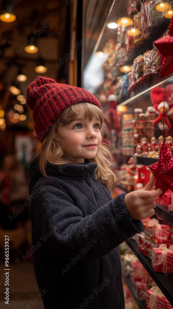 girl with red hat pointing at christmas decorations in a store window during black friday sales