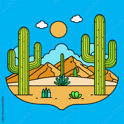 a striking desert landscape with towering cacti, a hidden oasis with palm trees, and a bright blue