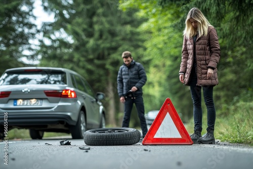 Man changing flat tire after car accident on highway with woman nearby and two vehicles involved photo