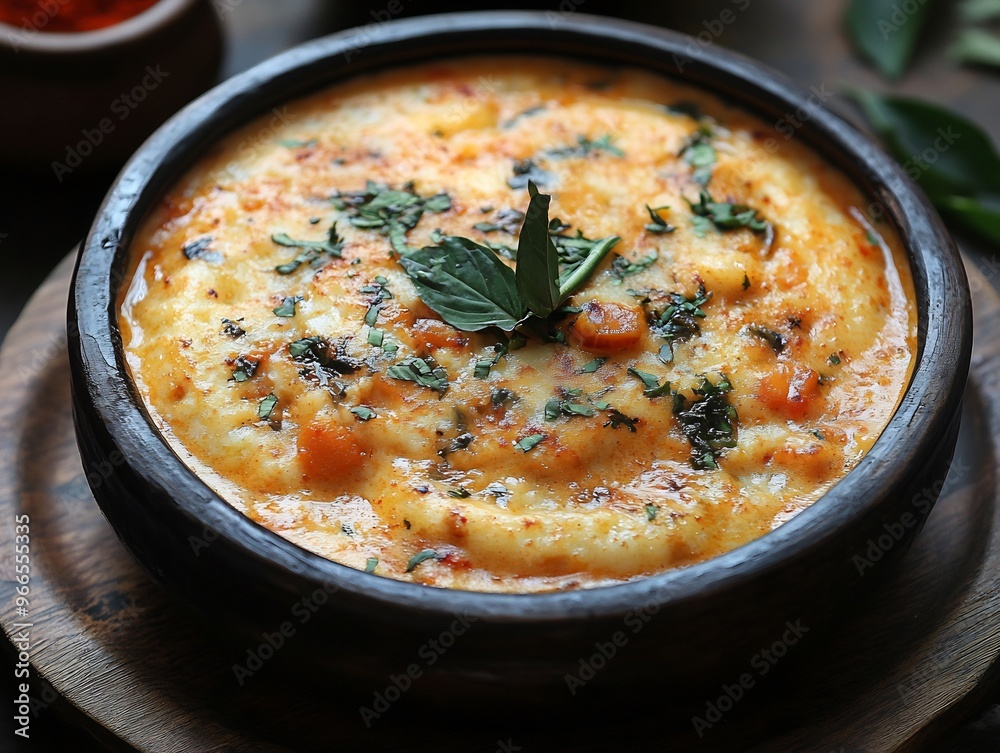 Soft fluffy appam served with spicy Keralastyle stew garnished with curry leaves and coconut milk Soft fluffy appam served with spicy Keralastyle stew garnished with curry leaves and coconut milk