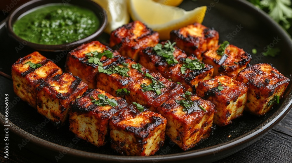 Spicy paneer tikka skewers marinated grilled served with mint chutney and lemon wedges on a ceramic plate Spicy paneer tikka skewers marinated grilled served with mint chutney and lemon wedges on a ceramic plate