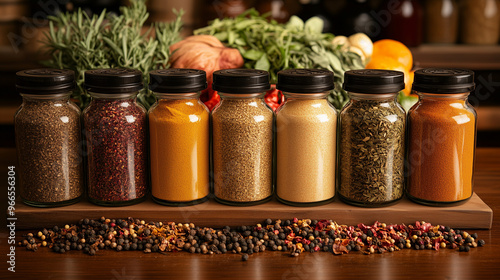 A collection of dried seasonings and spices displayed on a wooden table with farm produce in the background.