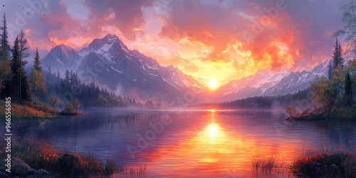 Sunset over a Serene Mountain Lake