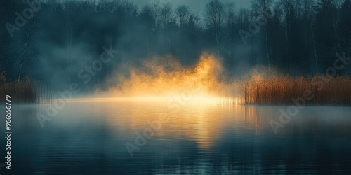 Foggy Morning Sunrise Over a Still Lake