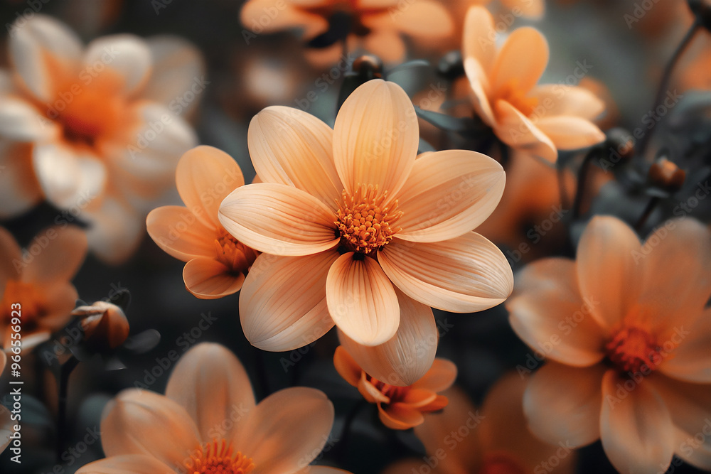 Fototapeta premium Autumn flowers of pastel peach color and intricate details in cinematic sunset lighting. Great backdrop for your design.