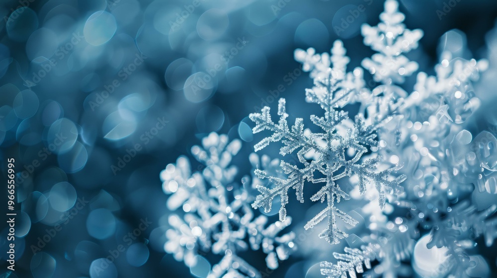 Close-up of snowflakes with blurred winter background, perfect for holiday designs and seasonal promotions Close-up of snowflakes with blurred winter background, perfect for holiday designs and seasonal promotions