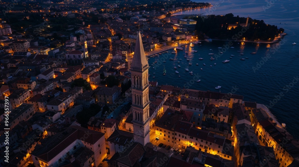 Obraz premium aerial view of a beautiful coastal town with a church tower on a sunset night