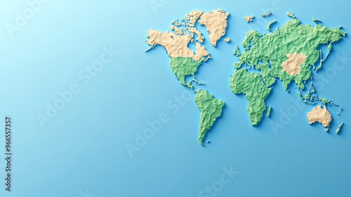 Colorful 3D world map depicting continents against a blue background, perfect for travel, geography, or educational themes.