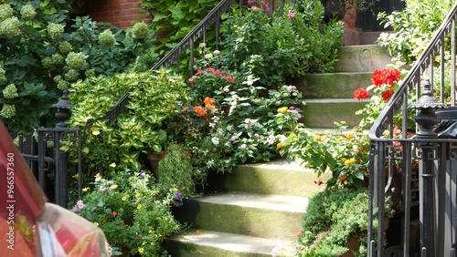 New York City townhouse building, Brooklyn Heights residential district, USA. Brownstone urban architecture, attached house. United States real estate, american property, apartments and homes in NYC. photo