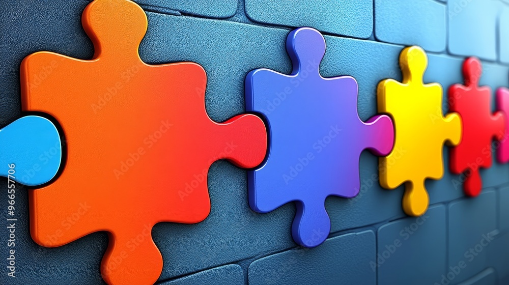 Colorful puzzle pieces connected on a blue background, symbolizing teamwork, collaboration, and problem-solving in design. Colorful puzzle pieces connected on a blue background, symbolizing teamwork, collaboration, and problem-solving in design.
