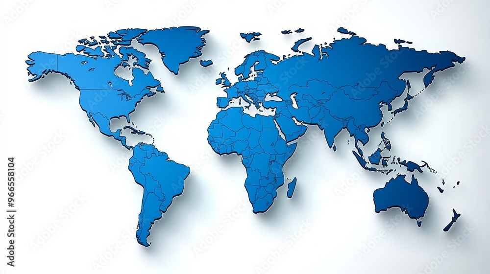 Stylized blue world map showcasing continents with clean lines and modern design for educational or illustrative use. Stylized blue world map showcasing continents with clean lines and modern design for educational or illustrative use.