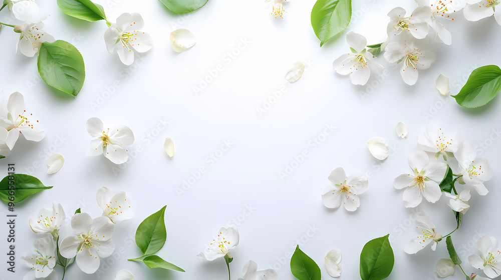 Fototapeta premium Beautiful composition of spring flowers and leaves on white background with copy space. generative ai. Spring Blossom. Illustration