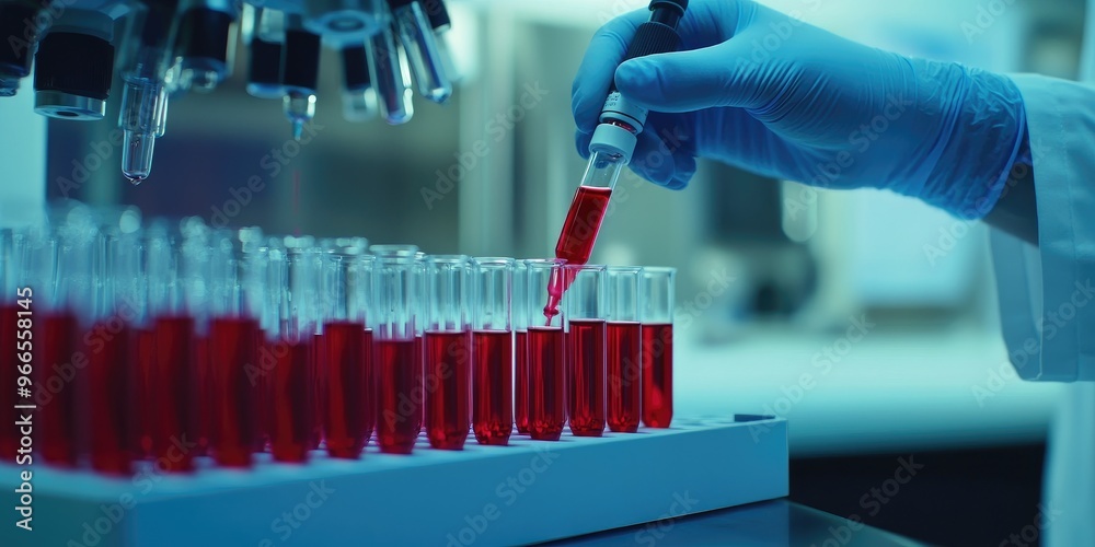 scientist or doctor dropping a blood into blood test tube in rack , research concept