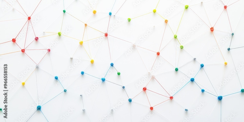 abstract web line connection of color yarn from nail node to node on white background , networking concept abstract web line connection of color yarn from nail node to node on white background , networking concept