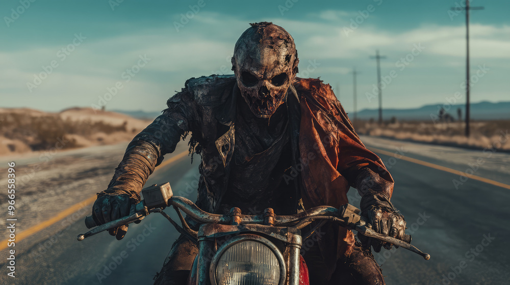 Naklejka premium A decaying zombie biker on a rusted motorcycle, tattered leather jacket hanging from its shoulders, empty highway stretching behind.