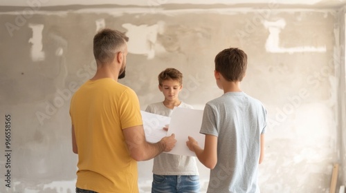 Family and Contractor Reviewing Renovation Plans in Progress photo