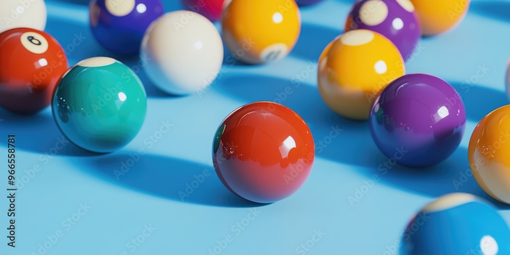Billiard balls arranged on a light blue pool table.
