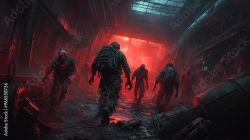 A group of zombies are running through a dark, red tunnel