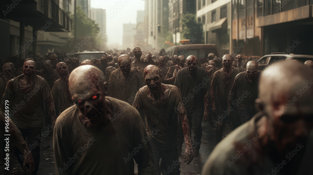 A horde of decaying zombies stumbling through an abandoned city street, buildings crumbling around them, bloodshot eyes glowing. A horde of decaying zombies stumbling through an abandoned city street, buildings crumbling around them, bloodshot eyes glowing.