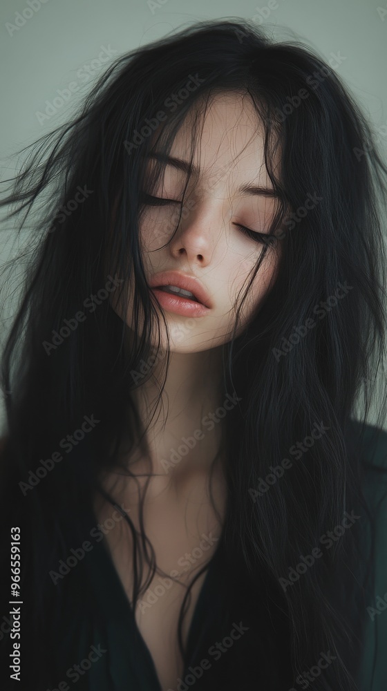 Serene portrait of a woman with closed eyes and flowing hair Serene portrait of a woman with closed eyes and flowing hair