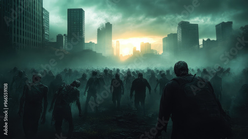 A horde of zombies in a post-apocalyptic city, their decaying bodies moving toward the viewer, buildings crumbling in the background. photo