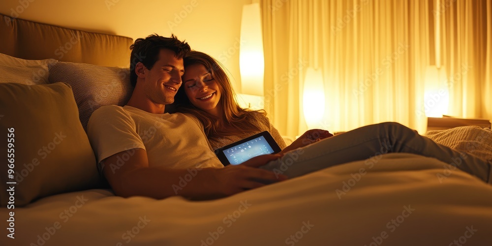 A couple in a stylish bedroom uses a touch-screen device to adjust lighting and temperature, creating a serene and comfortable environment for relaxation. A couple in a stylish bedroom uses a touch-screen device to adjust lighting and temperature, creating a serene and comfortable environment for relaxation.