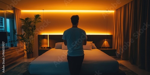 A man modifies the lighting and temperature in a modern bedroom using a smart home app, creating a relaxing and customized atmosphere with advanced technology. photo