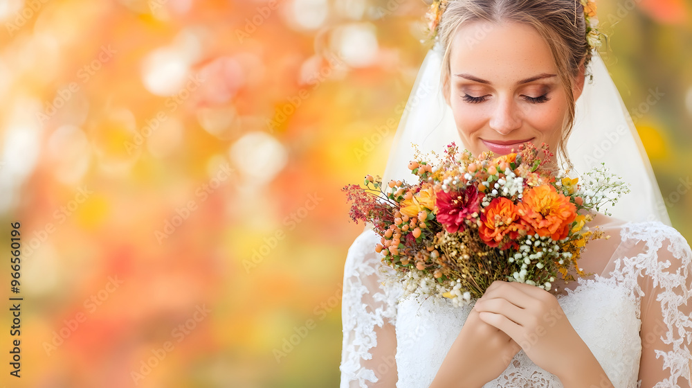 Autumn Inspired Wedding Scene with Bride Holding Bouquet of Fall Flowers Autumn Inspired Wedding Scene with Bride Holding Bouquet of Fall Flowers
