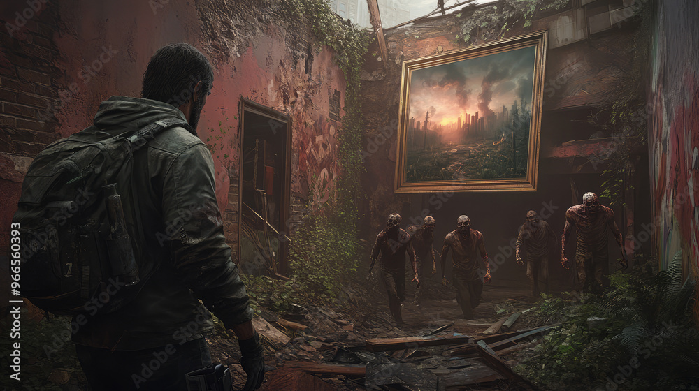 A man is walking through a room with a painting of zombies on the wall A man is walking through a room with a painting of zombies on the wall