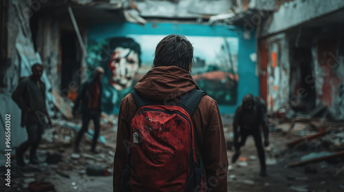 A survivor standing in front of a mural on a crumbling wall that depicts a world before the outbreak. Zombies shuffle past, oblivious to the art that captures the lost world.