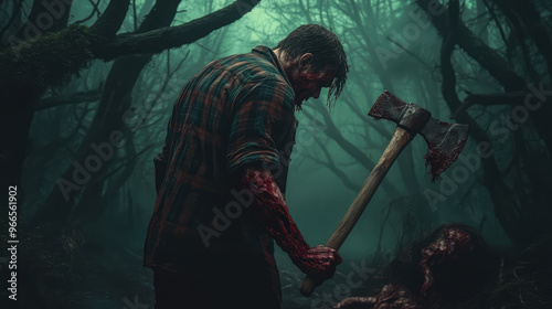 A man is holding an axe and is covered in blood