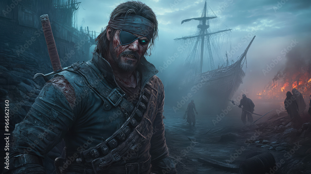 Obraz premium A man with a sword and a bandana on his head stands in front of a ship