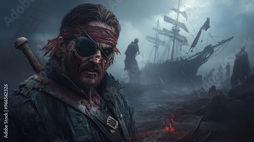 A zombie pirate with an eyepatch and decayed flesh, holding a rusted sword, shipwrecked in a desolate, foggy harbor. photo