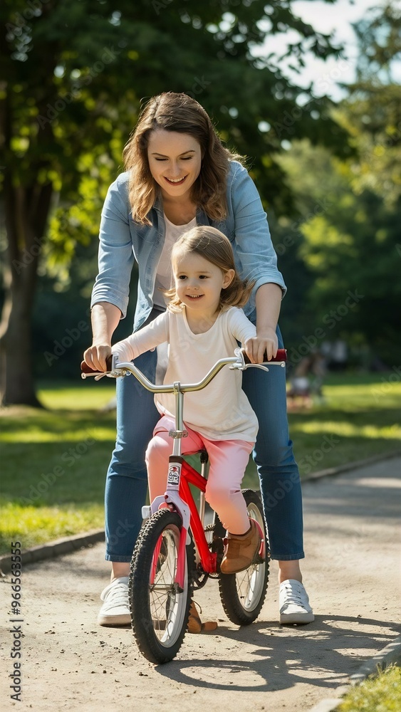 Fototapeta premium Mother teaching daughter to ride a bicycle in the park
