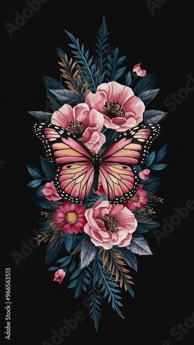 Tattoo design with flowers butterfly digital illustration pnting photo