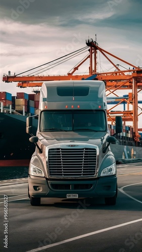 Contner truck in ship port for business logistics and transportation of contner cargo ship and photo