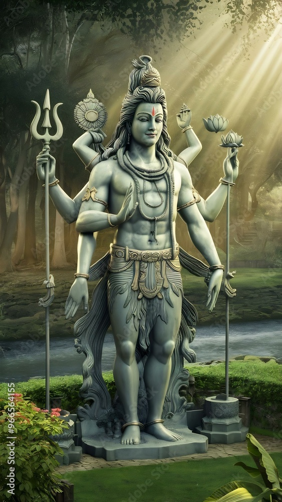 Fototapeta premium Statue of Lord Shiva holding trident and lotus in a garden