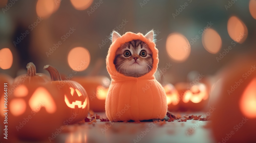 Naklejka premium Adorable Cat in Pumpkin Costume Among Glowing Halloween