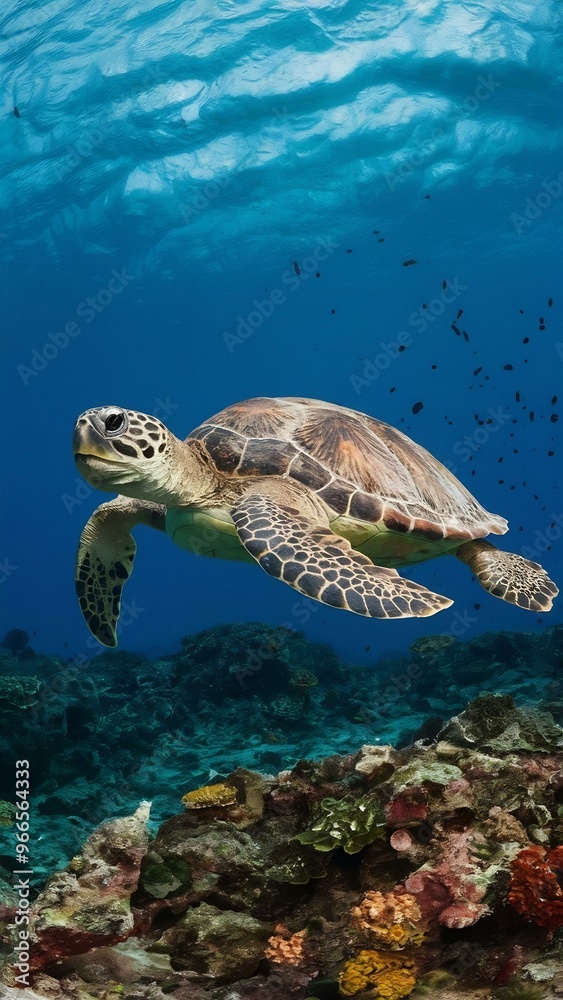 Fototapeta premium Sea turtle swimming over a colorful coral reef underwater
