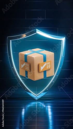Parcel with shield safety delivery concept 3d rendering